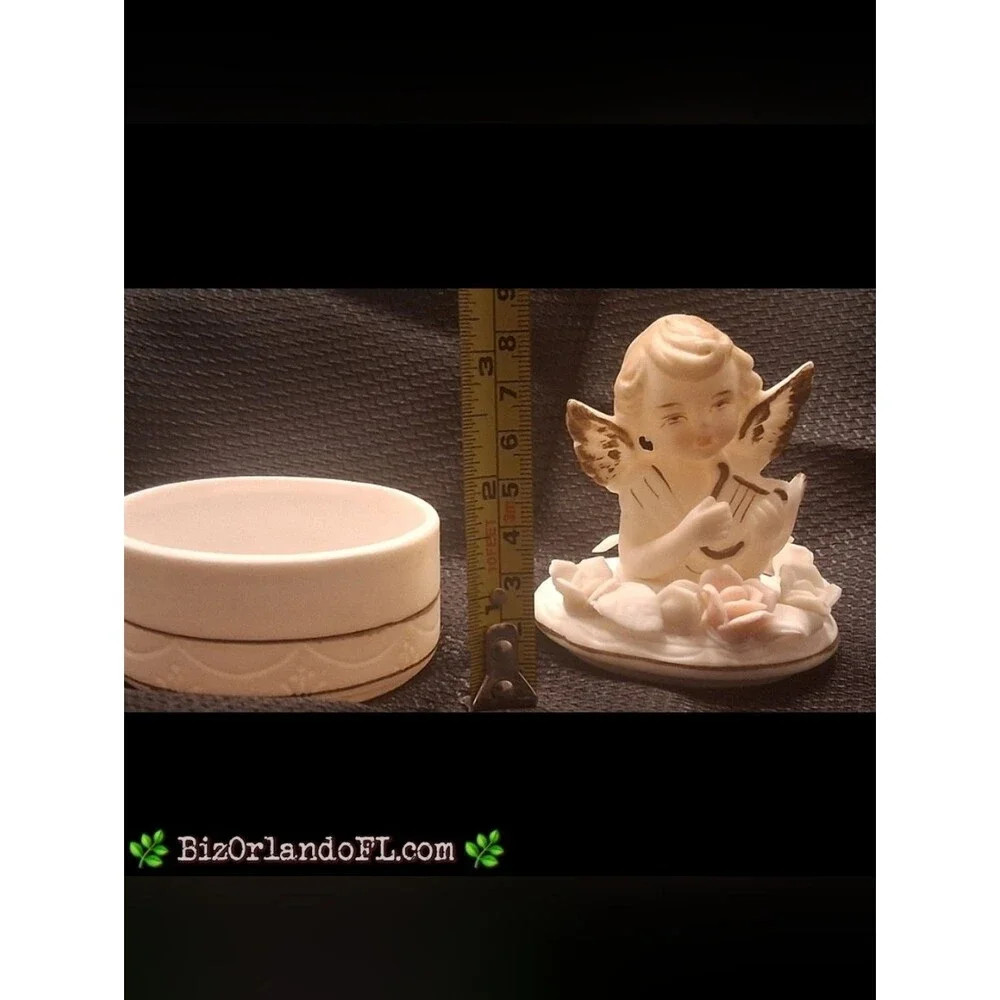VINTAGE: Porcelain Trinket Jewelry Box Angel Playing Harp Lid Applied Roses HTF